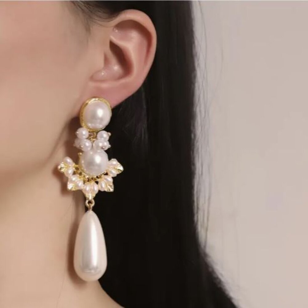 NEW Monad Ornate Gold and Pearl Drop Statement Earrings - Picture 2 of 5